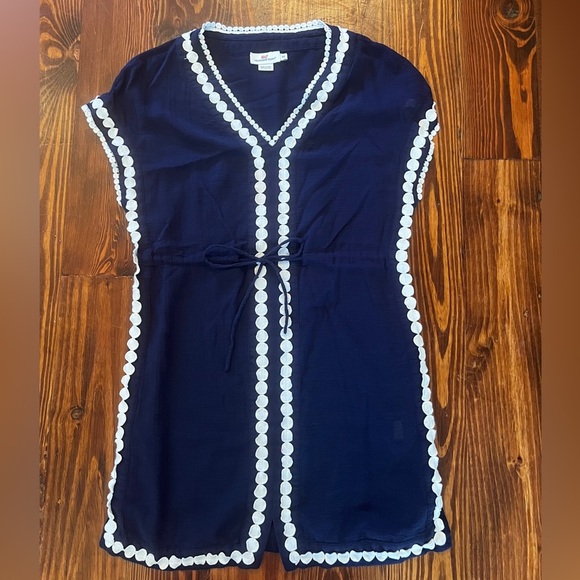 VINEYARD VINES Navy and White Scalloped Drawstring Caftan Swim Coverup Nautical - Picture 2 of 6
